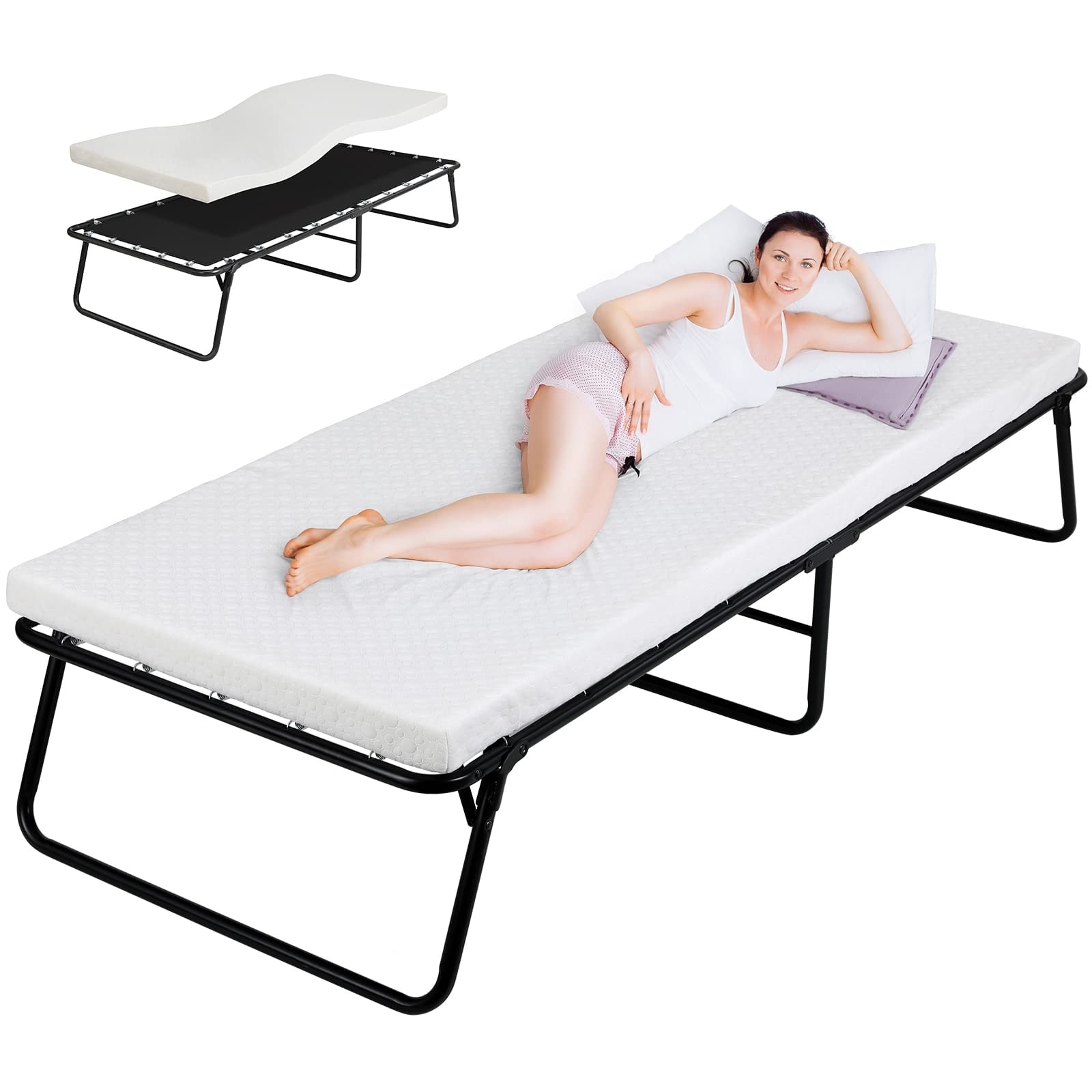 Folding Bed,Rollaway Bed with Mattress for Adults,Foldable Bed,Portable Bed,Metal Bed Frame with Memory Foam Mattress, Guest Bed