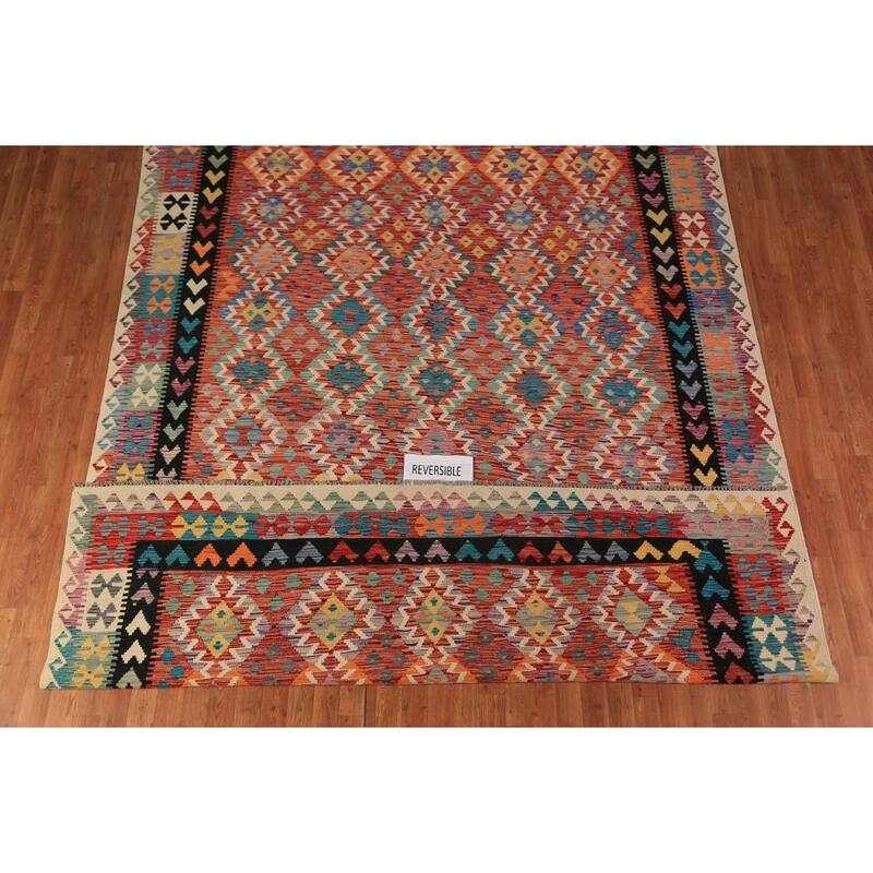 Geometric Kilim Reversible Rug Oriental Flatweave Wool Carpet - 8'5"x 11'5"