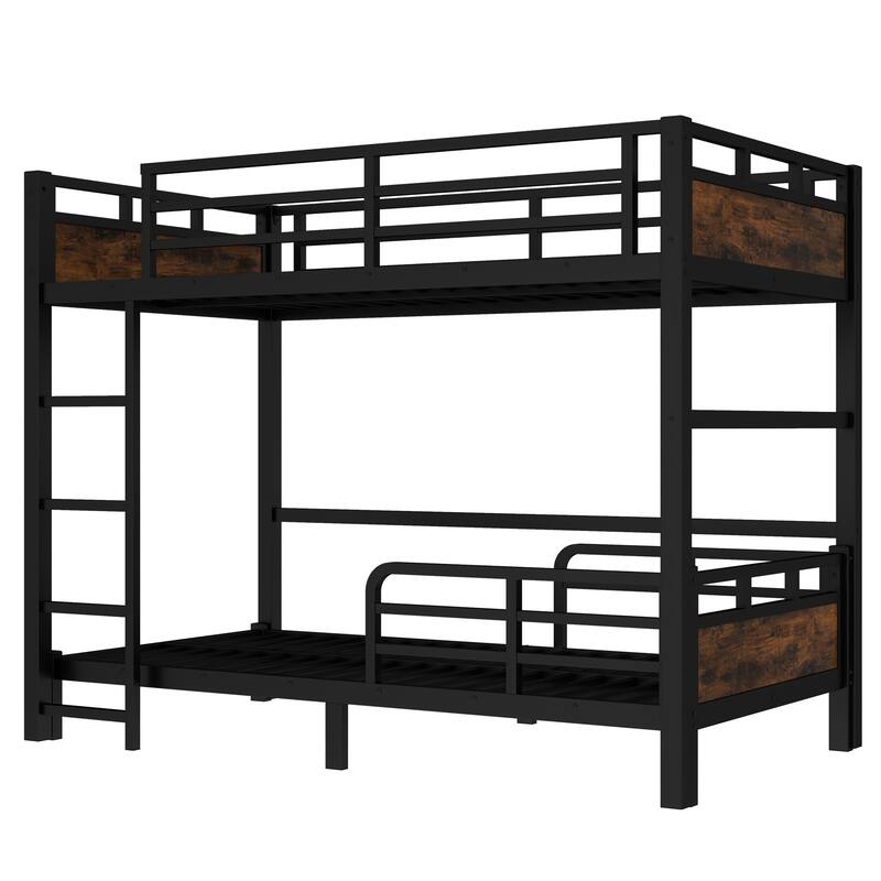 Roomfitters Twin/Full/Queen Metal Bunk Bed & Loft Bed with Raised Safety Fence, Convertible Platform Design, Vintage Wood