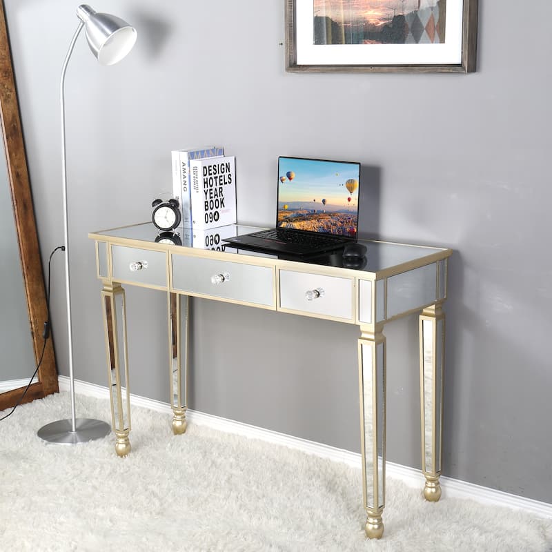 Gold Dressing Table with Glass Top and 3 Drawers Storage and Anti-Scratch Desk for Bedroom