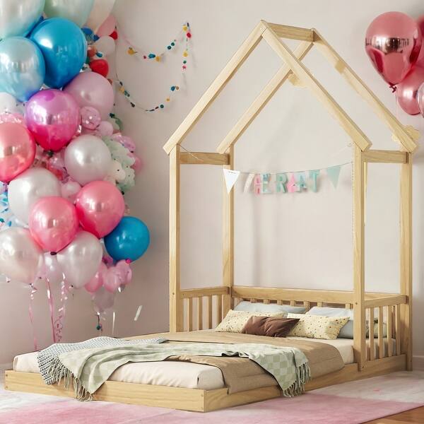 slide 2 of 9, House-Style Funny Full House-shaped Roof Headboard Floor Kids Furniture Bed Kidsbed, Natural Natural