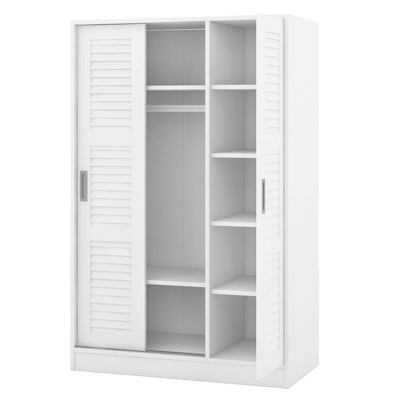 Tall Shutter Armoire Cabinet for Bedroom, Sliding Barn Door Wardrobe with Storage Shelves and Hanging Clothes Rod, White