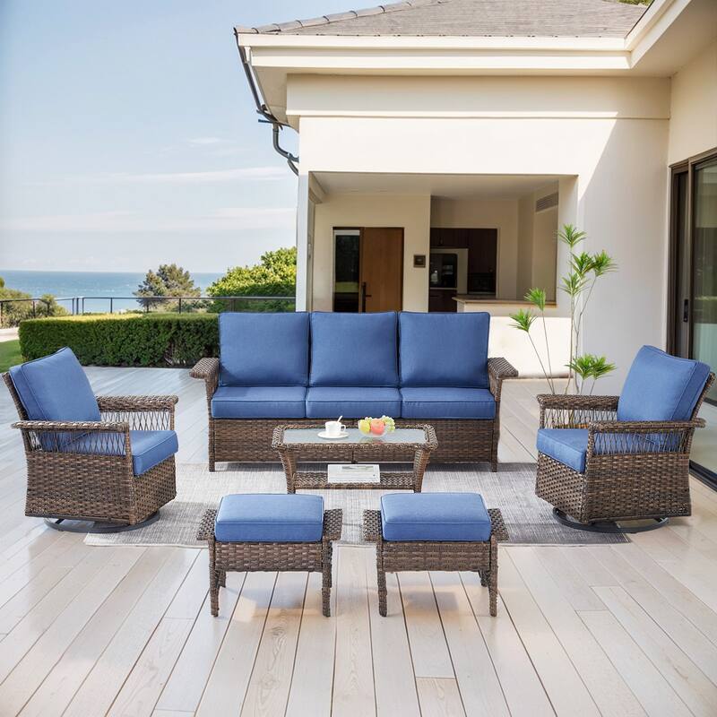 Outdoor Glider Chair with Soft Cushion - Brwon Wicker Blue Cushion - 6PCS Sofa Chairs Ottoman with Table