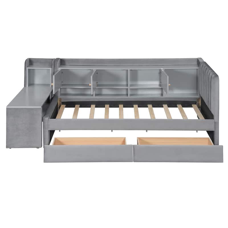 Twin-Size Upholstered Daybed Featuring Built-In Drawers, Open Shelves, Flip-Up Cabinets and an Integrated Side Table