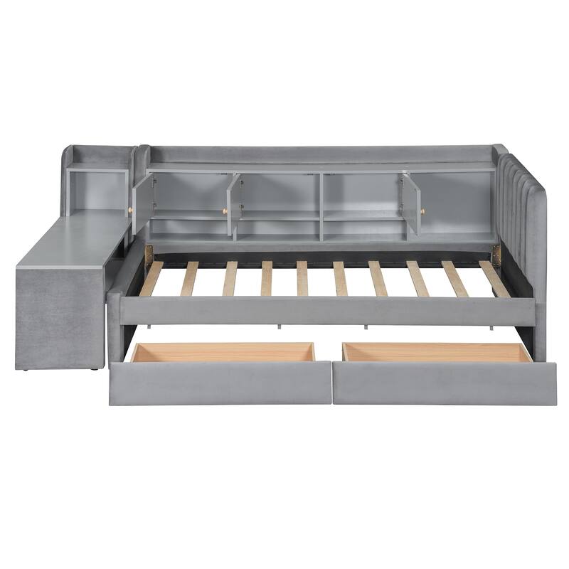 Twin Size Upholstered Daybed with Drawers, Shelves, Flip Cabinets & Side Table, Beige