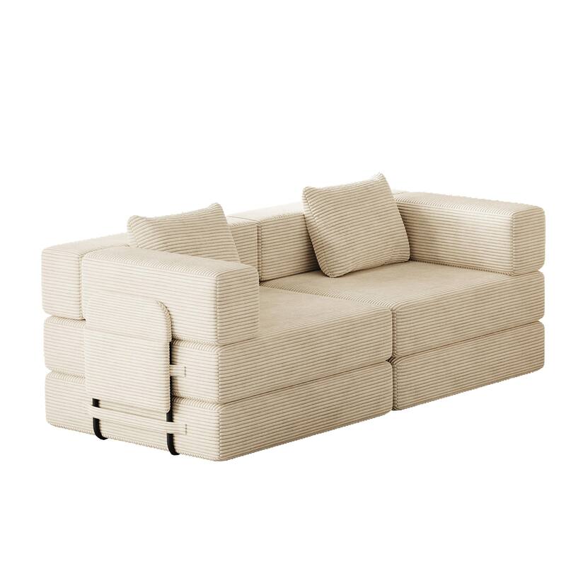 Folding Loveseat Sofa Convertible Sleeper Sofa Bed, Floor Standing Couch Bed Corduroy Floor Mats with Side Pockets and Pillows