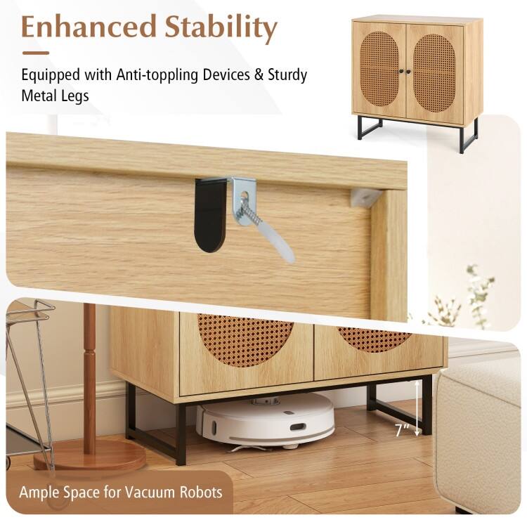 Engineered Wood Buffet Cabinet with PE Rattan Doors and Shelves - 31.5" x 16" x 32"