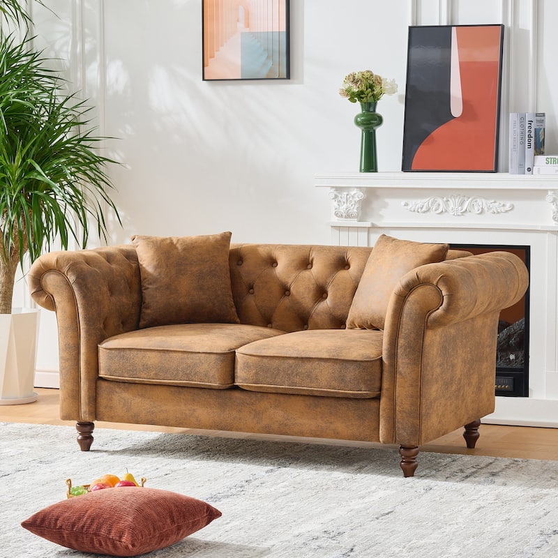 Mid Century Modern Upholstered Loveseat, Small Sofa with High-Tech Fabric Roll Armrest, 2 Seater Couch with Solid Wood Legs - Brown