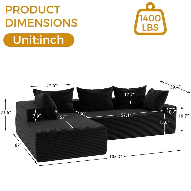 L-Shaped No Assembly Required Upholstery Sofa Deep Seat Modular Sofa