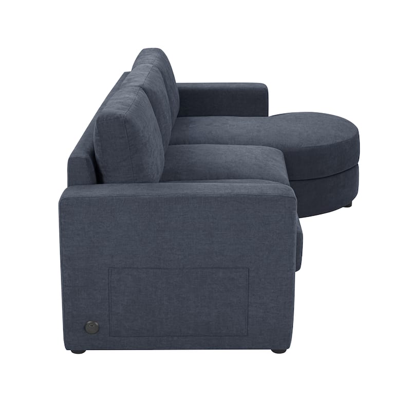 L-Shape Sectional Sofa with Curved Chaise Lounge, Chenille Fabric 3 Seater Sofa with USB Ports & Storage Pockets