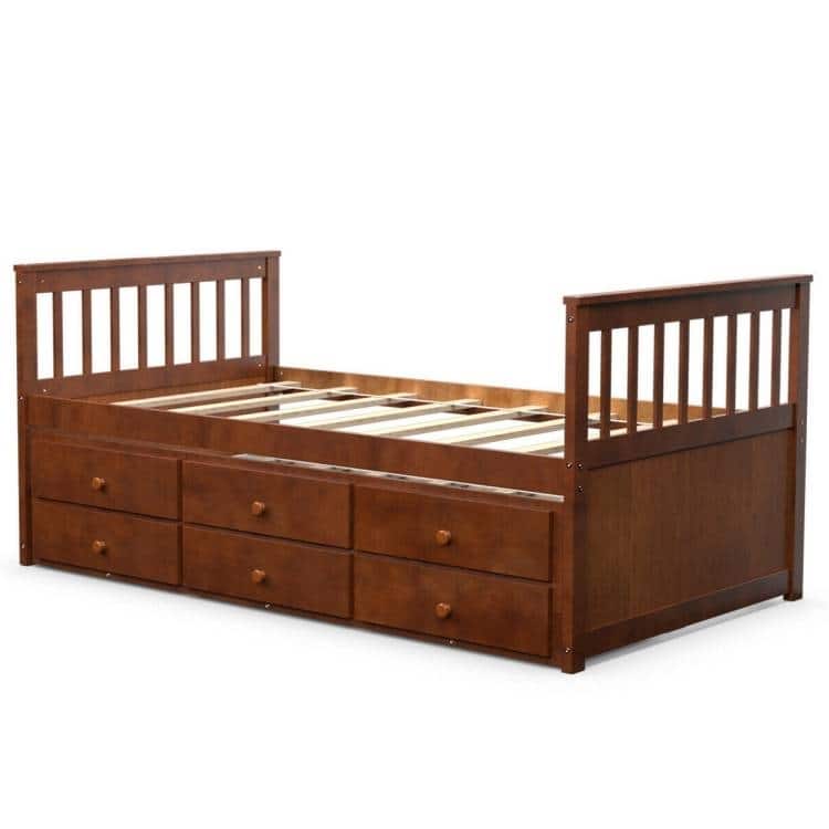 Pine Wood Twin Captain Bed with Trundle and 3 Storage Drawers