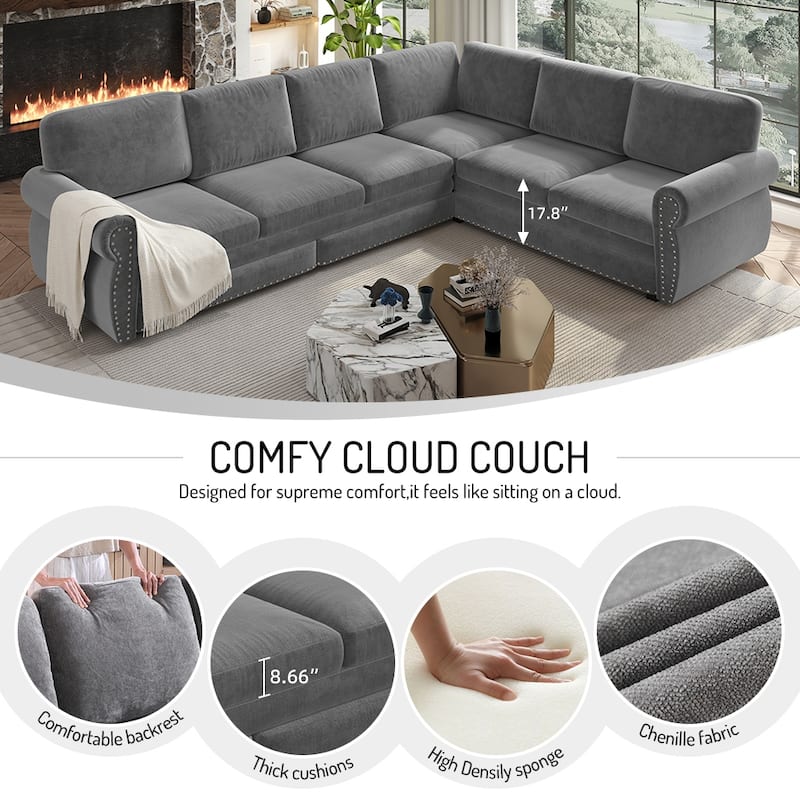 Homy Casa L-Shaped Sectional Sofa w/ Pull-Out Bed, Chenille Sleeper Couch w/ Nailhead Trim & Rolled Arm, Oversize