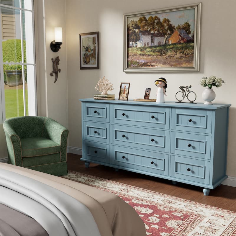 Vintage 9-Drawer Dresser Retro Storage Cabinet with Solid Legs