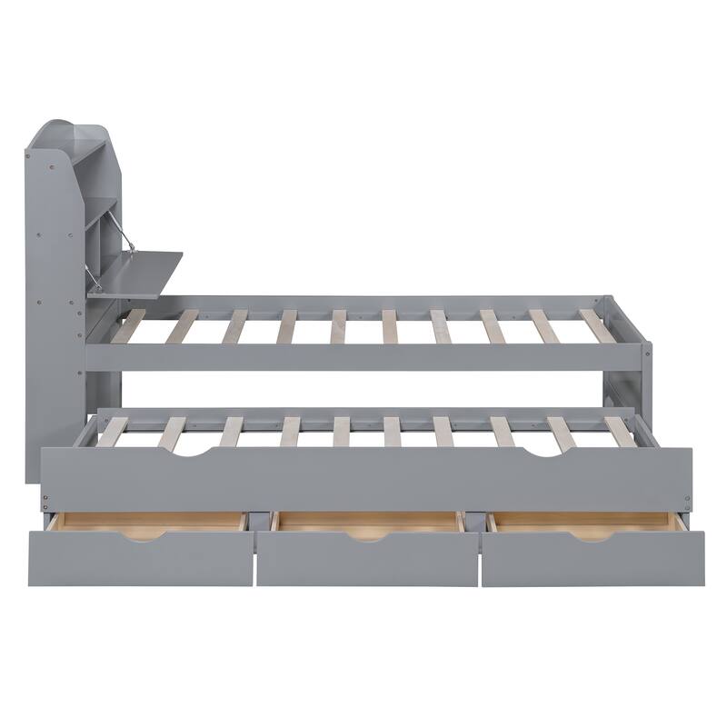 Wooden Platform Bed with Pull Out Trundle Bed and Drawers, All-in-One LED Headboard with Charging Station and Flip Up Storage