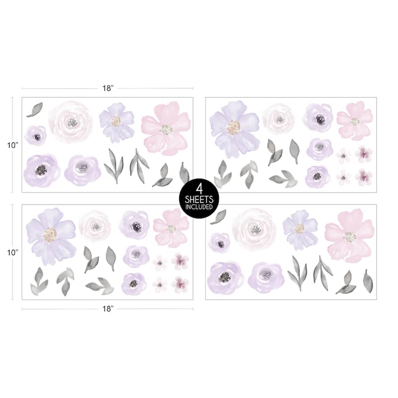 Sweet Jojo Designs Lavender Purple Pink Grey Watercolor Floral Wall Decal Stickers Art Nursery Decor (Set of 4) - Rose Flower