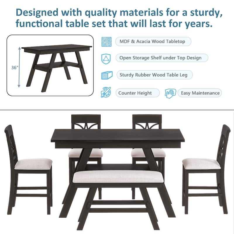 6-Piece Wood Counter Height Dining Table Set with Storage Shelf, Kitchen Table Set with Bench and 4 Chairs,Rustic Style+Cushion
