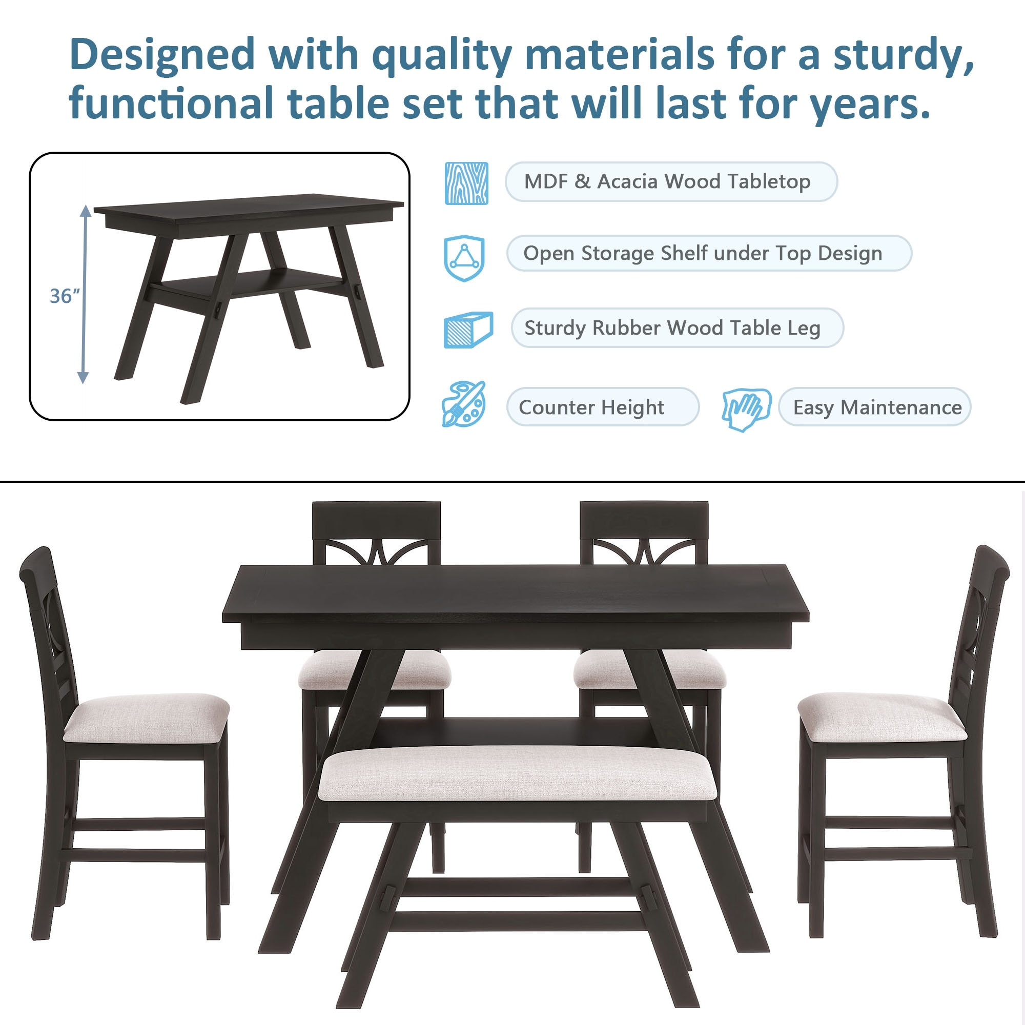 6 Piece Wood Dining Table Set with Bench 4 Chairs Storage Shelf