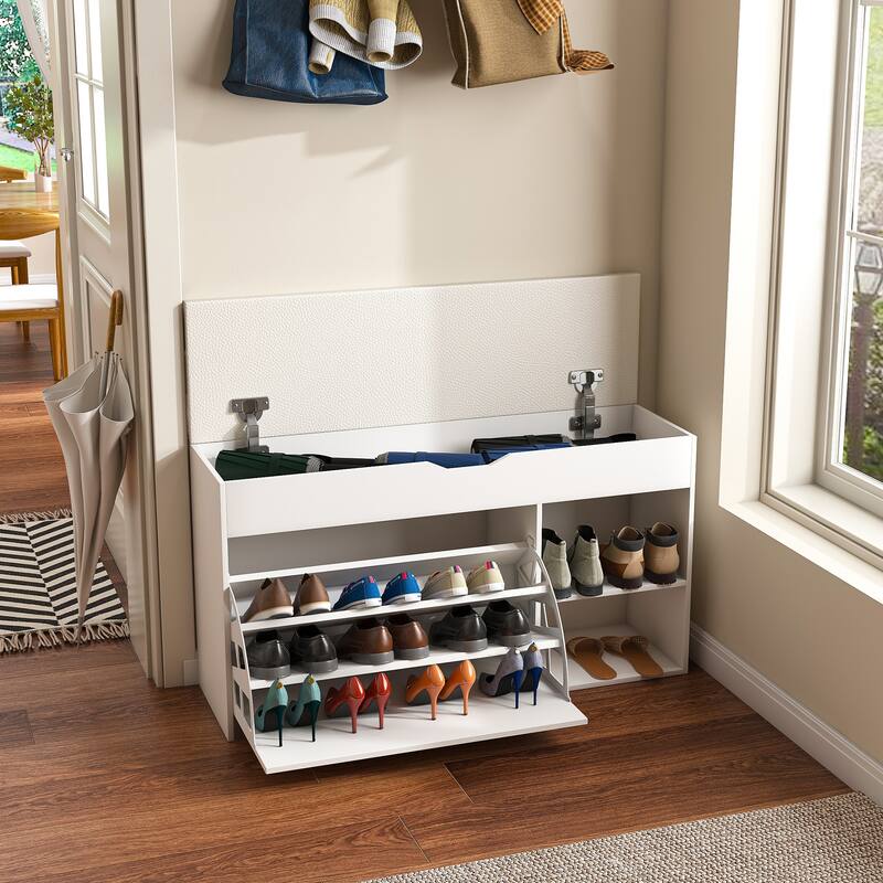 Adjustable 3-Tier Flip-Up Drawers & Hidden Cabinet Entryway Bench with Shoe Storage