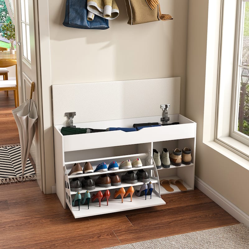 Entryway Bench with Shoe Storage, Adjustable 3-Tier Flip-Up Drawers & Hidden Cabinet, Space-Saving Organizer
