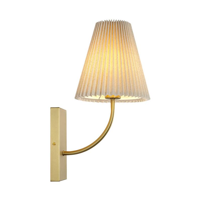 Mid-Century 1-Light Pleated Ivory Fabric Armed Wall Sconce