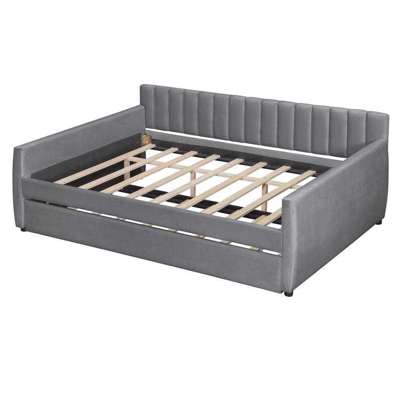 Full Size Upholstered daybed with Trundle and Wood Slat Support, Gray