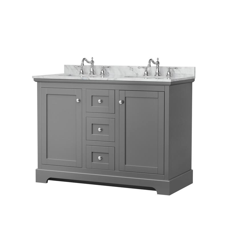 Wyndham Collection Avery 48" Free Standing Double Basin Vanity Set - Dark Gray / White Carrara Marble Top / Polished - Steel Finish