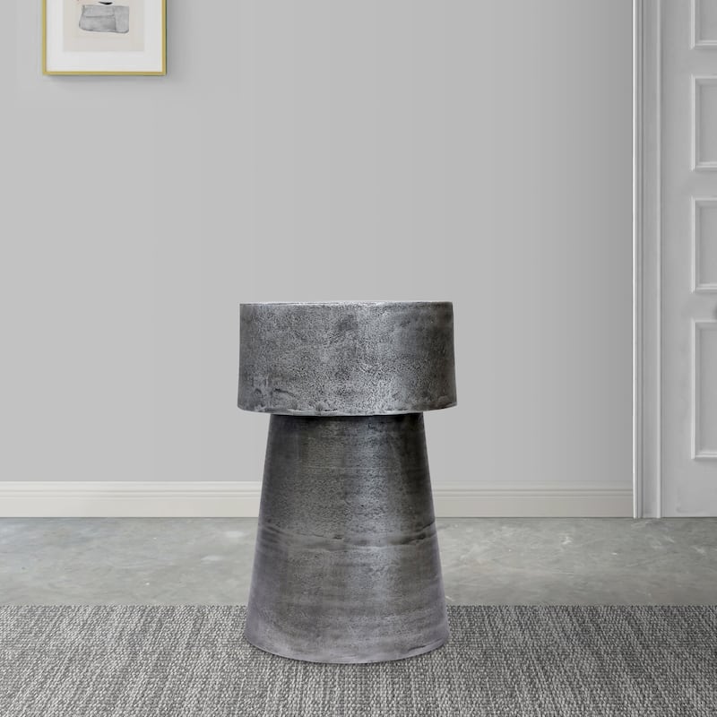 Vintage Accent Side Table, 15.5 Inch Round, Antique Silver Cast Aluminum Drum Base