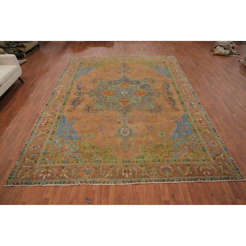 Hand Knotted Oriental 100% Wool Carpet Traditional Floral Oranges & Rust Tabriz Area Rug - 13' 0'' X 9' 8''