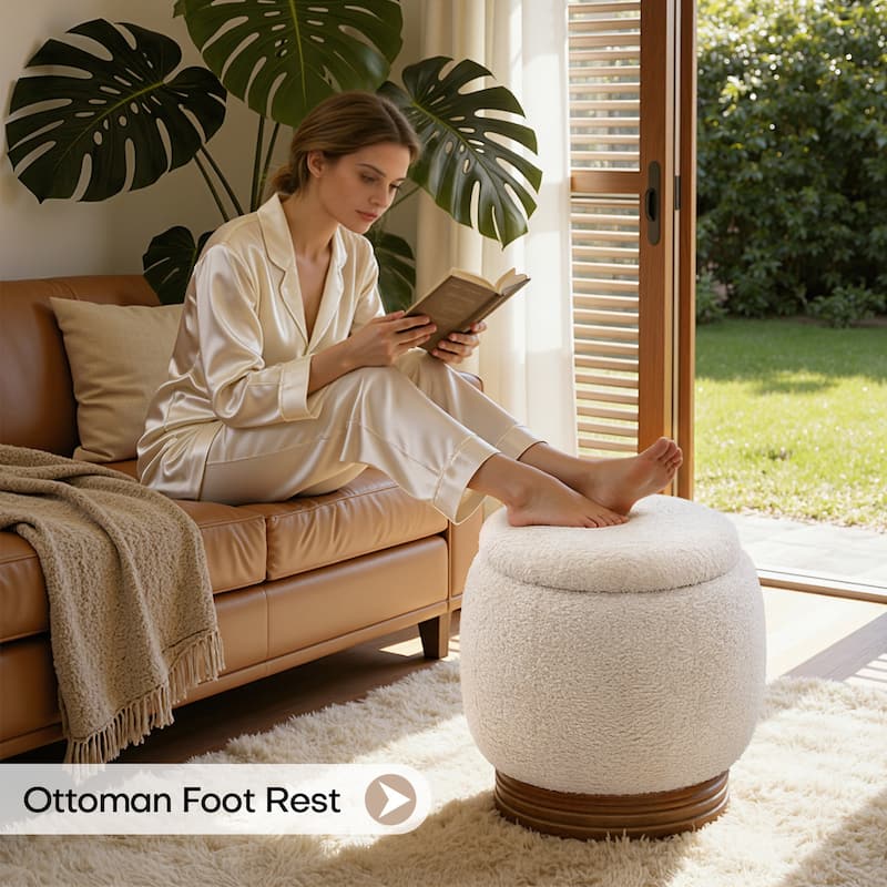 Round Storage Pouf Ottoman Footstool with Flip-top and Acacia Frame