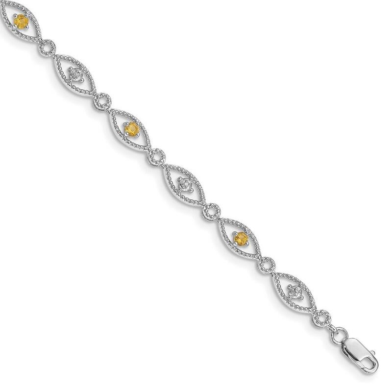 Curata 925 Sterling Silver Textured Polished Open back Lobster Claw Closure Citrine Diamond Bracelet