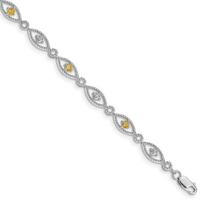 Curata 925 Sterling Silver Textured Polished Open back Lobster Claw Closure Citrine Diamond Bracelet