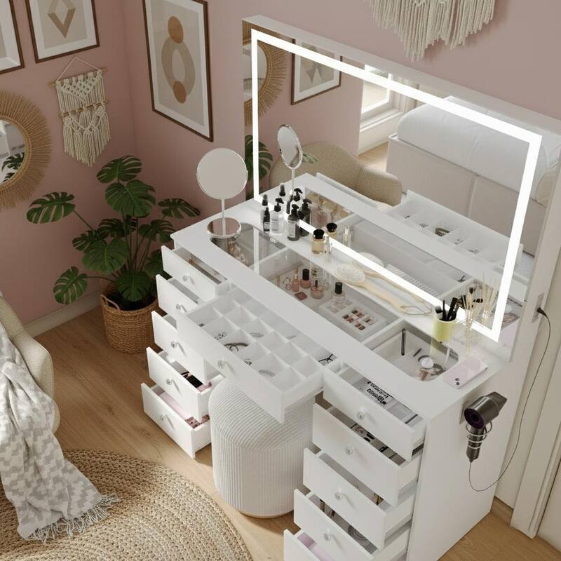 Extra-Large Vanity Desk with LED Mirror, Bluetooth Speakers, 11 Drawers and USB Ports