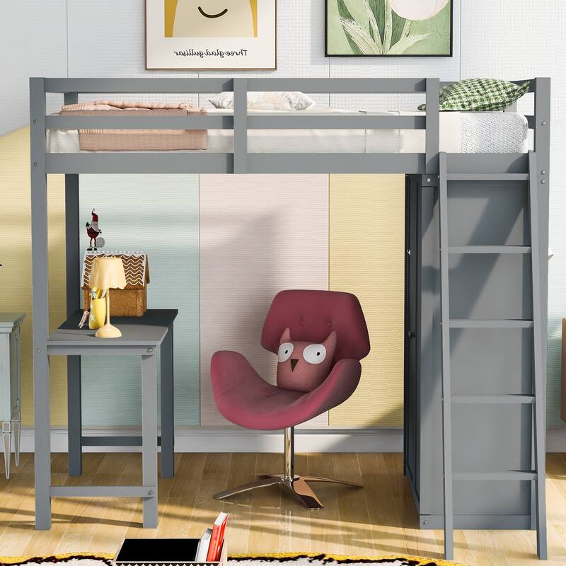 Loft Bed with Wardrobe and Desk and Shelves