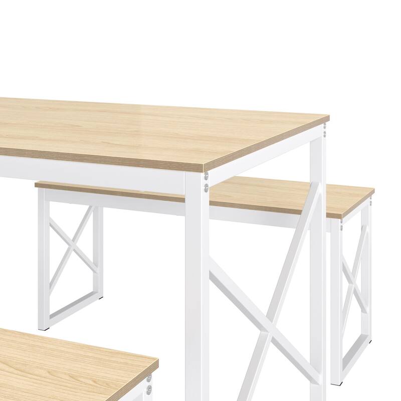 44.3" Dining Table with Benches Kitchen Table set for 4 Rectangular Dining Room Table Set with 2 Metal Wood Benches