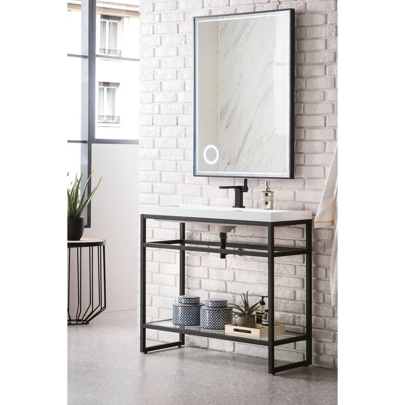 Boston 39.5" Stainless Steel Sink Console w/ White Glossy Composite Countertop