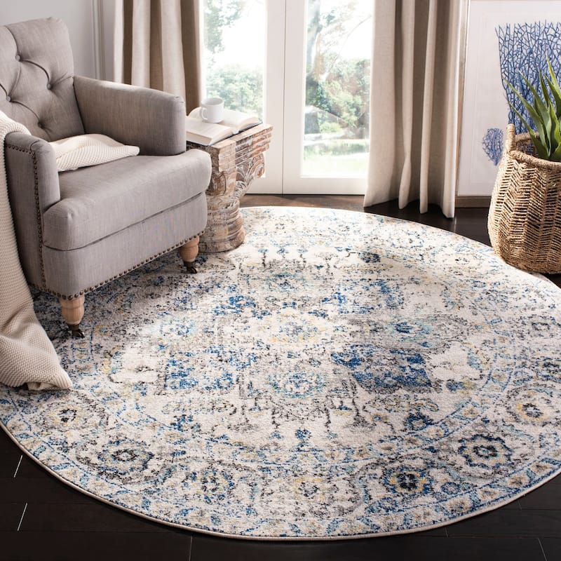 SAFAVIEH Madison Delois Medallion Rustic Farmhouse Distressed Rug - 10' Round - Grey/Ivory