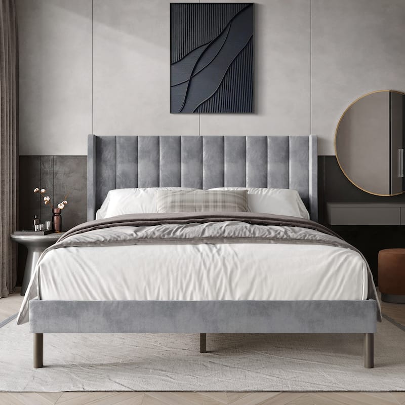 Clayfell Herrin Upholstered Wingback Panel Bed - Silver Grey - Queen