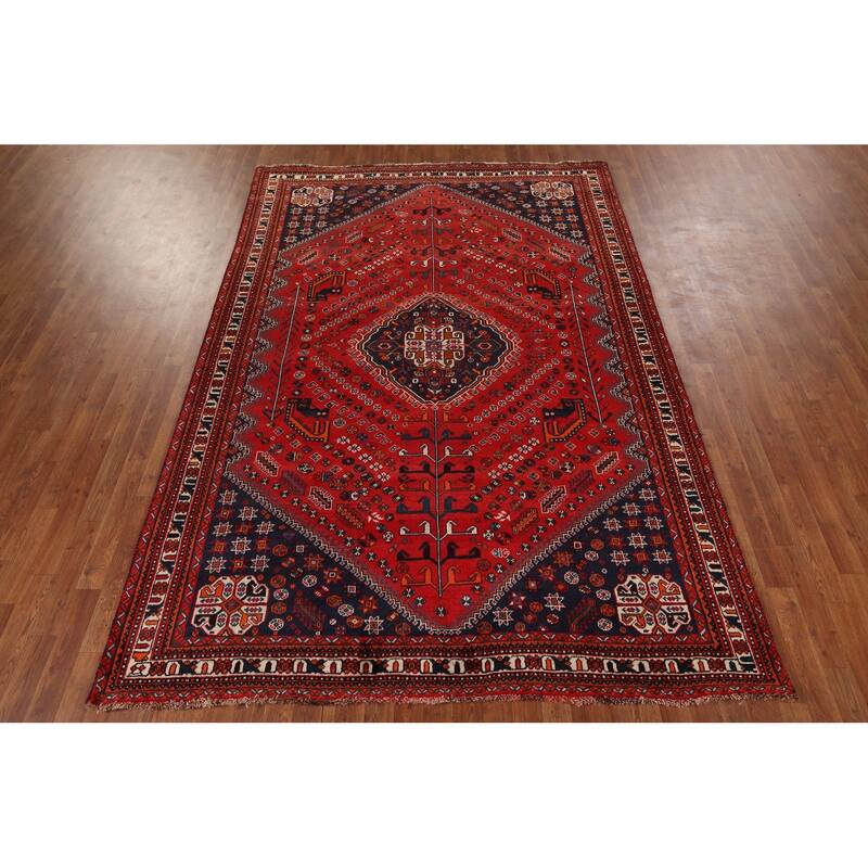 Hand Knotted Oriental 100% Wool Carpet Traditional Tribal Red Shiraz Area Rug - 9' 8'' X 6' 7''