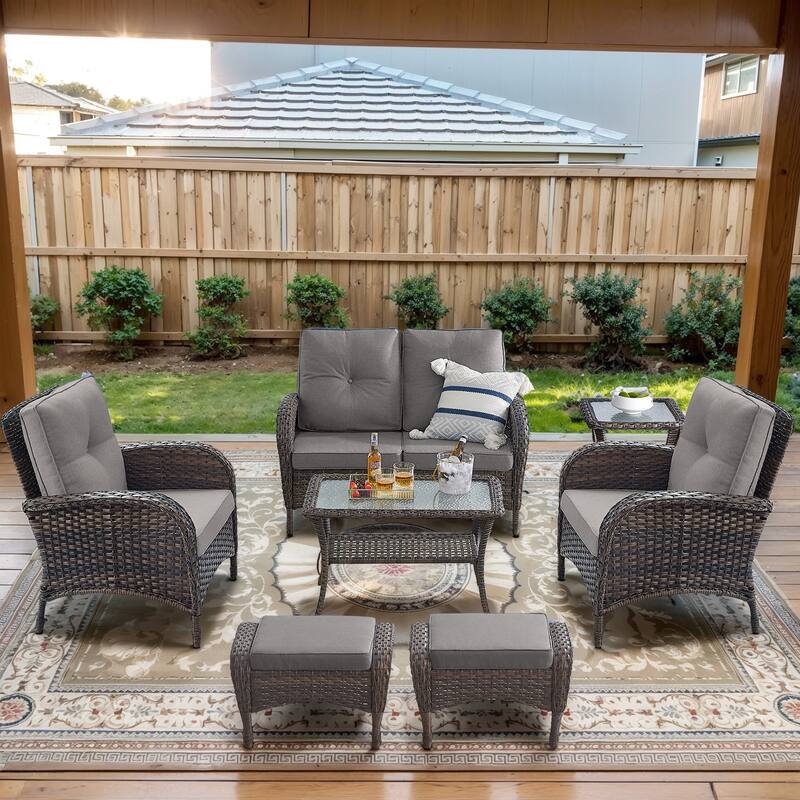 Pocassy Outdoor Loveseat Sofa with Table Funiture Set - Brown Wicker Grey Cushion - 7PCS Loveseat Sofa with Chairs Ottoman