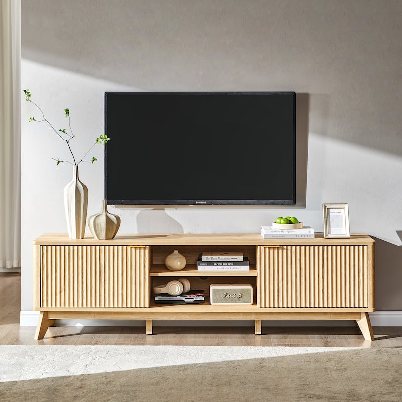 70" Modern Fluted TV Stand for Living Room, Wood Entertainment Center
