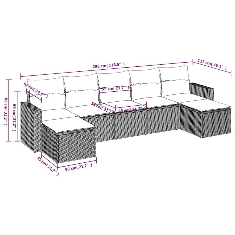 vidaXL Patio Sofa Set with Cushions Outdoor Conversation Furniture Poly Rattan - 25.8" x 24.4" x 27.2"