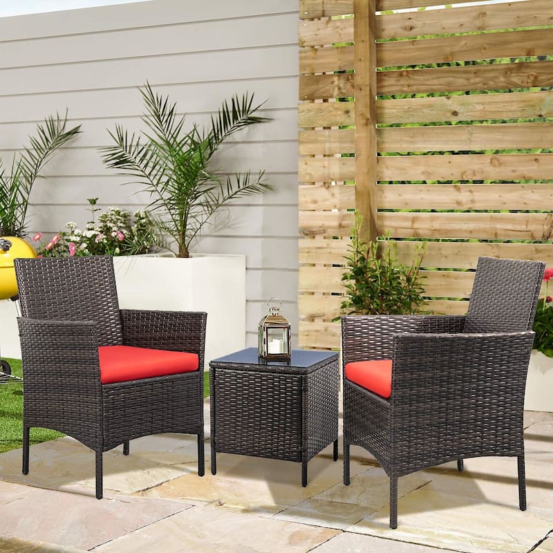 Homall 3 Pieces Patio Porch Furniture Sets PE Rattan Wicker Chairs with Table Outdoor Garden Furniture Sets - Brown/Red