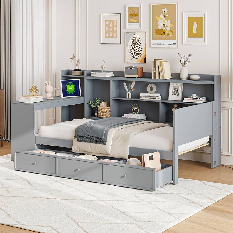 Twin Size Modern Wooden Daybed with Three Drawers, USB Ports, and Desk