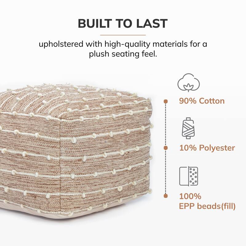 Jani Penelope 22 x 22 x 16 Brown & Ivory Square Pouf Ottoman - Handmade Footrest for Living Room, Bedroom