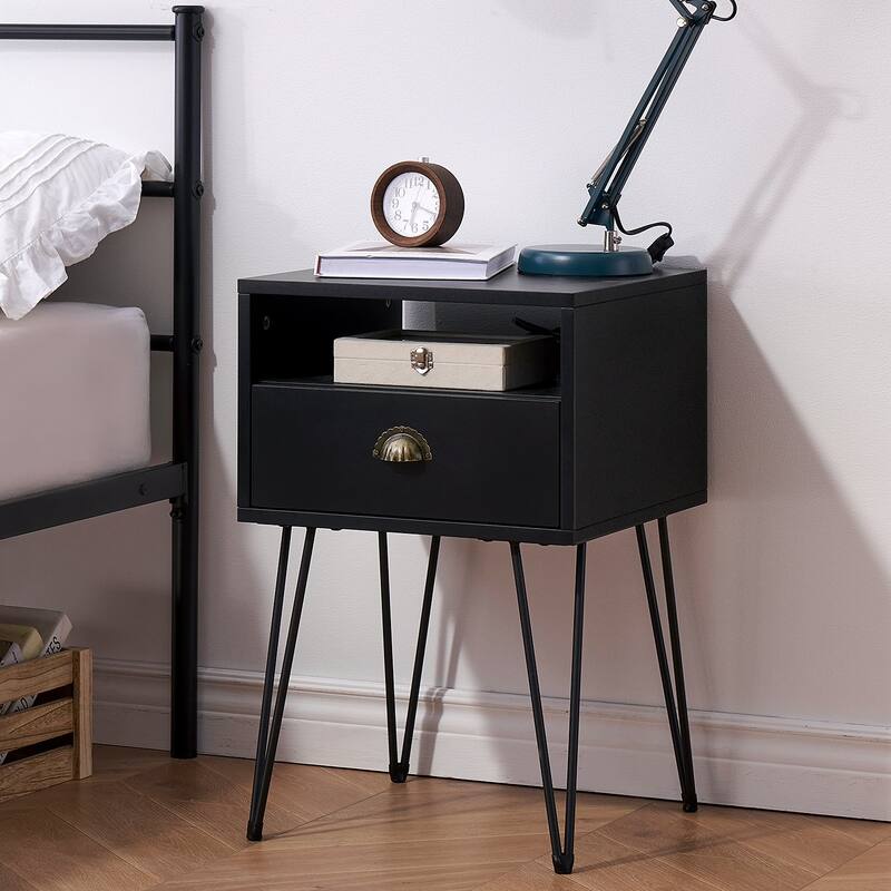 VECELO Mid Century Modern Nightstand with Drawer Open Shelf V-Shaped Metal Legs End Table for Bedroom Living Room - Black