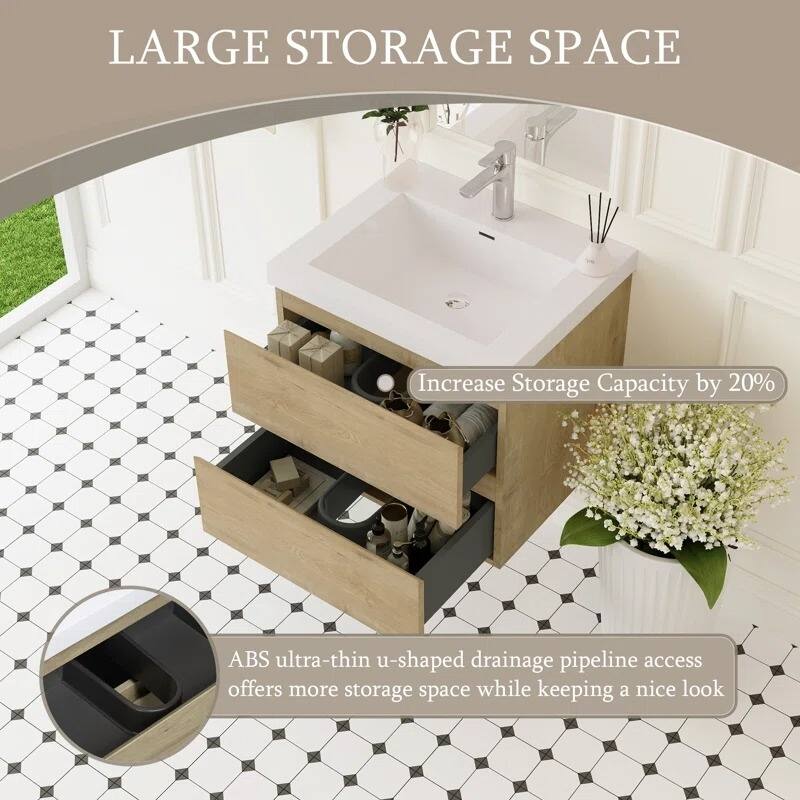 ABRUZZO 24" Floating Single Bathroom Vanity Wall-Mounted with Integrated Resin Top Basin 2 Soft Close Drawers Full Assembly