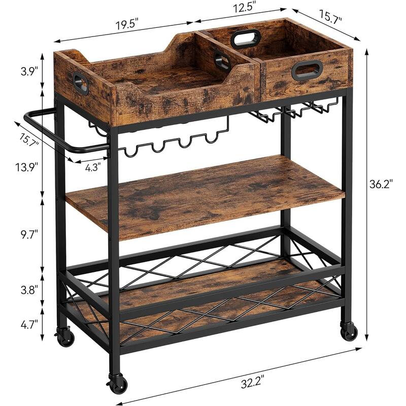 3 Tier Home Bar Serving Cart with Wine Rack and Glass Holders