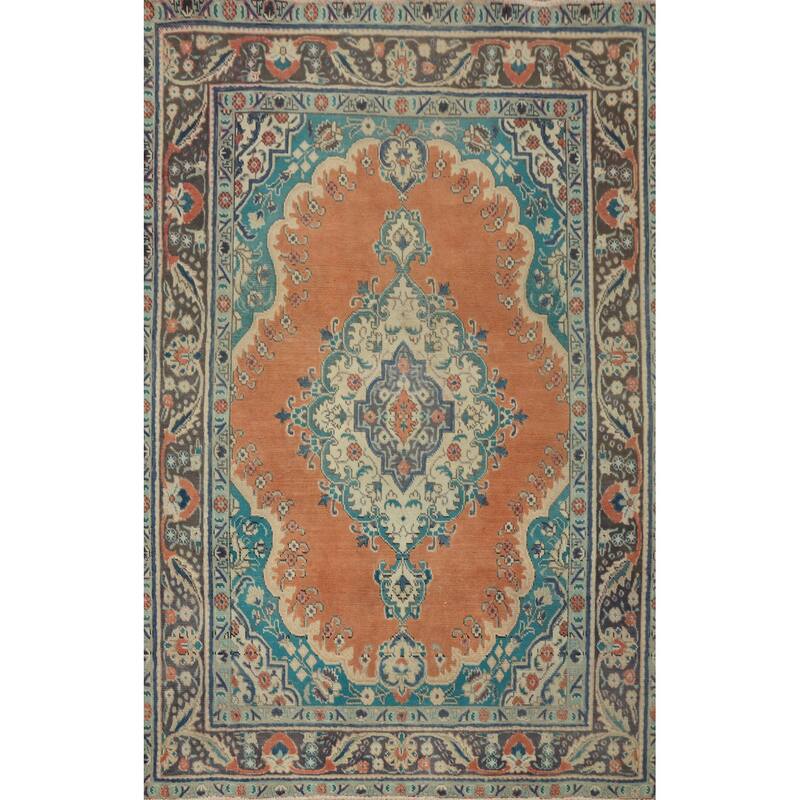 Hand Knotted Oriental 100% Wool Carpet Traditional Medallion Oranges & Rust Tabriz Area Rug - 6' 1'' X 4' 6''