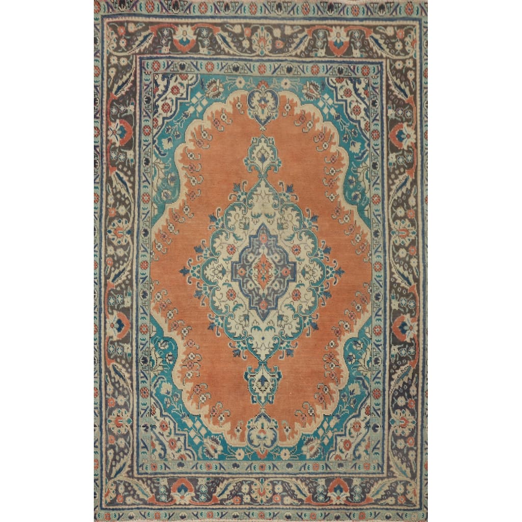 Hand Knotted Oriental 100% Wool Carpet Traditional Medallion Oranges & Rust Tabriz Area Rug - 6' 1'' X 4' 6''