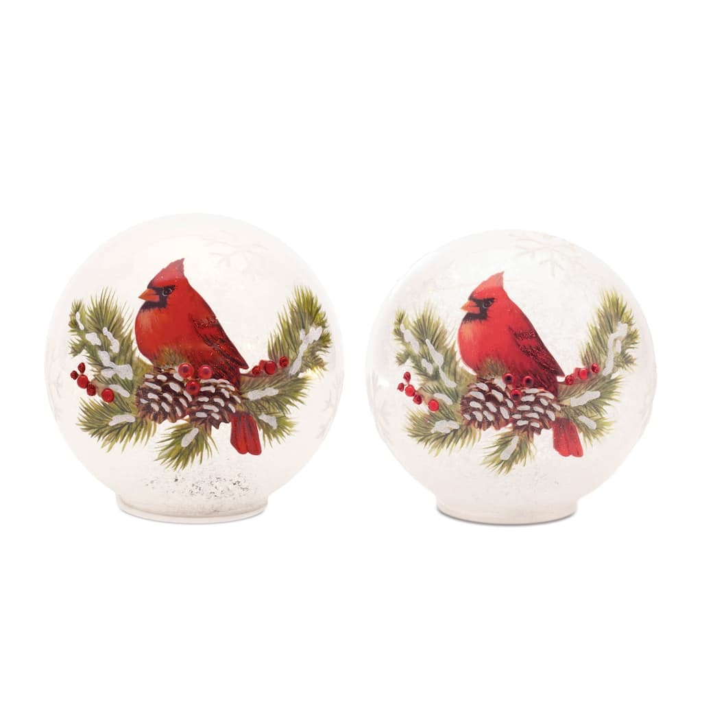 LED Glass Cardinal Globes Set of 2 Winter Decor Battery Operated - 6.75” x 6.75” x 6.25”